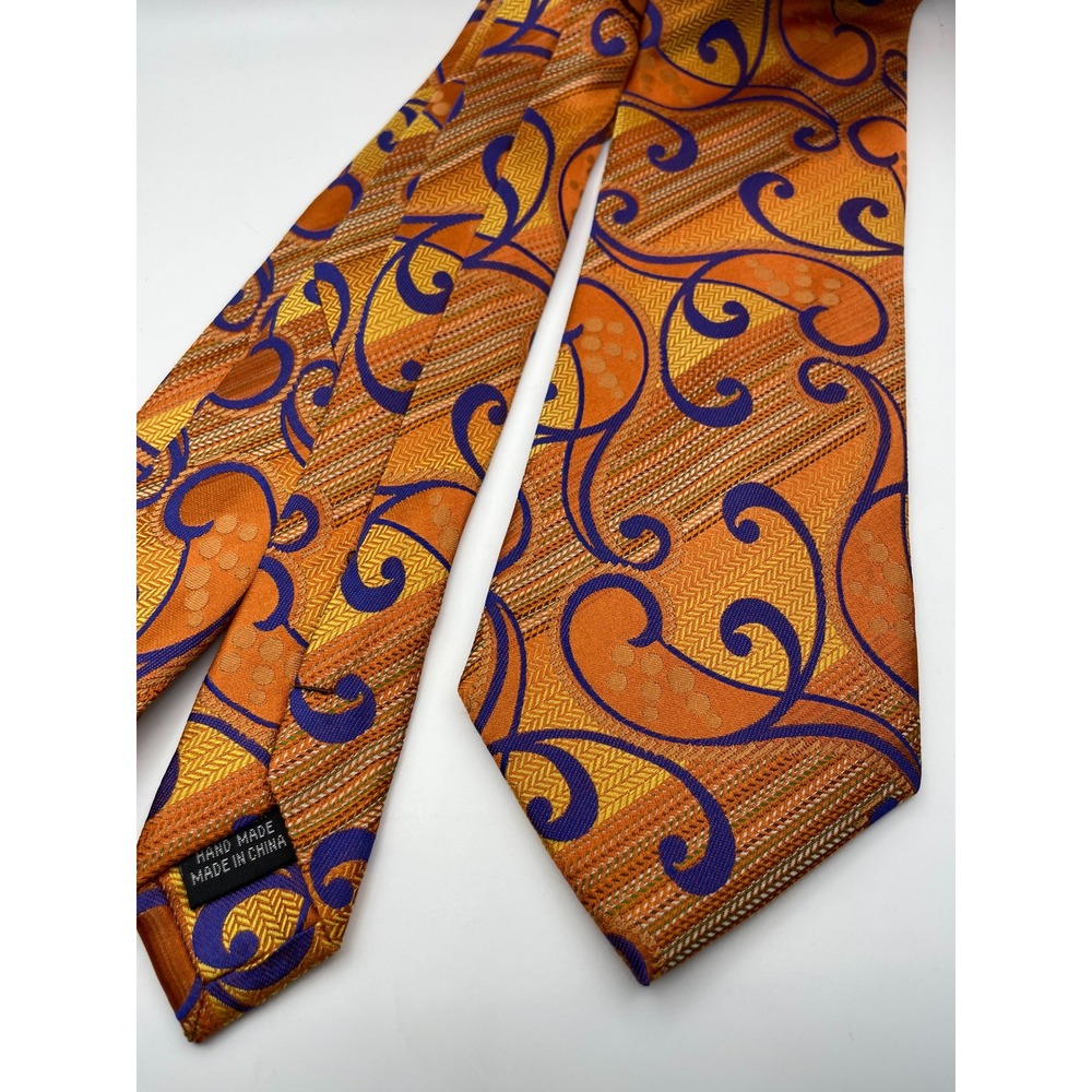 The Big Knot Steven Land Mens Silk Tie Orange Purple Swirl Herringbone Handmade